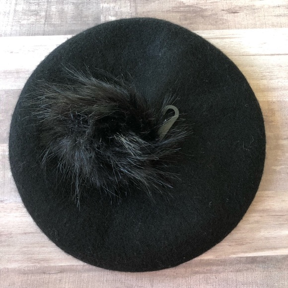 Black Wool Beret w/ Faux Fur Pom Pom - Picture 4 of 5